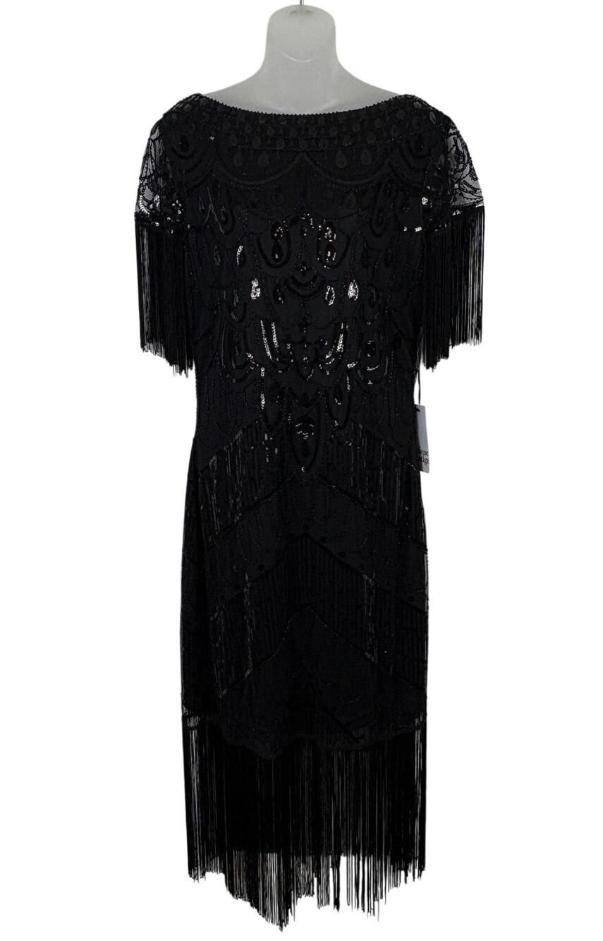 Unique Vintage LAURE 1920s Sequin Fringe Sleeved Flapper Dress Black L 10-12 NWT